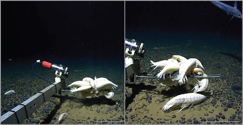 A gang of A. gigantea pictured eating bait at a depth of over 6500 meters the Murray Fracture Zone, North Pacific. 