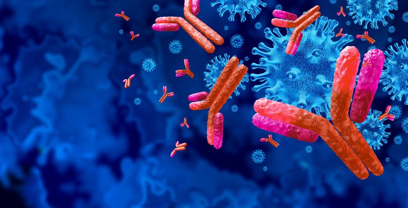 3D illustration depicting antibodies attacking virus particles
