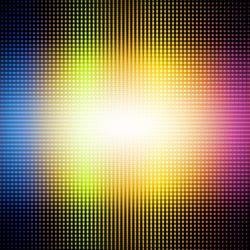 Blue, yellow, orange, and red dots with a bright white center on a black background