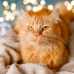 Ginger cute fluffy cat lies on the bed with a birch-colored sheet and a soft, cozy blanket with New Year garland on the background.