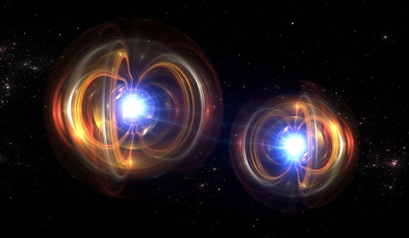 An artist impression of two light particles connected thanks to entanglement