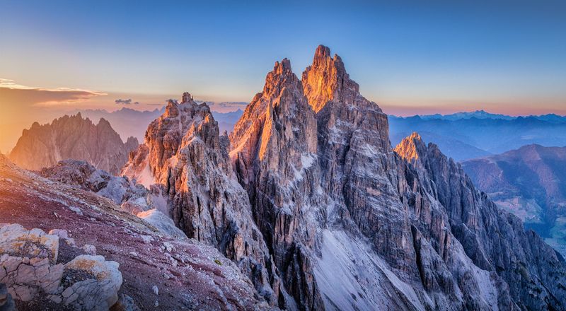 panoramic view of sunset over the Dolomite mountains in South Tyrol, Italy