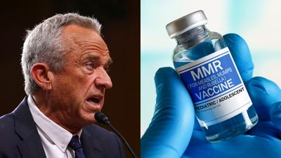 Robert F Kennedy Jr speaking into a microphone (left); close-up of a gloved hand holding a vial of the measles, mumps, and rubella (MMR) vaccine (right)