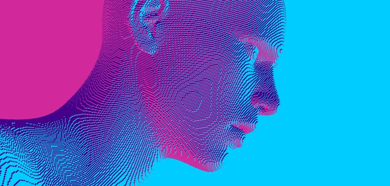Abstract digital, robotic human head constructing from cubes