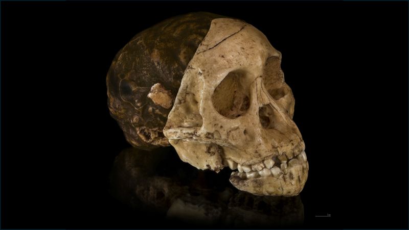 skull fossil  Cast in three parts: endocranium, face and mandible, of a 2.1 million year old Australopithecus africanus specimen so-called Taung child, discovered in South Africa.