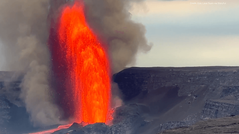 Lava fountain at Kilauea shoots directly into the air.