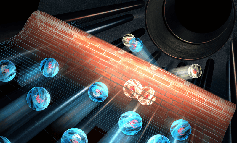 Representation of quantum particles and a brick wall, with a few that have succeeded in tunnelling onto the other side