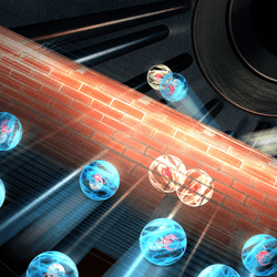 Representation of quantum particles and a brick wall, with a few that have succeeded in tunnelling onto the other side