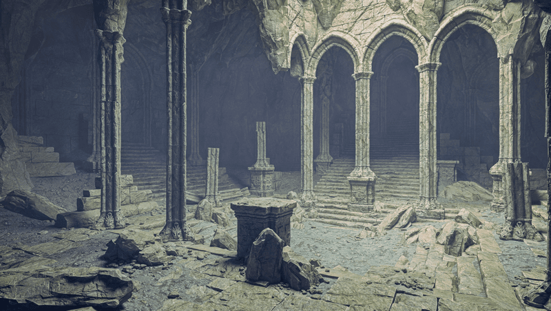 Medieval ruins of a church with pillars and dark shadows