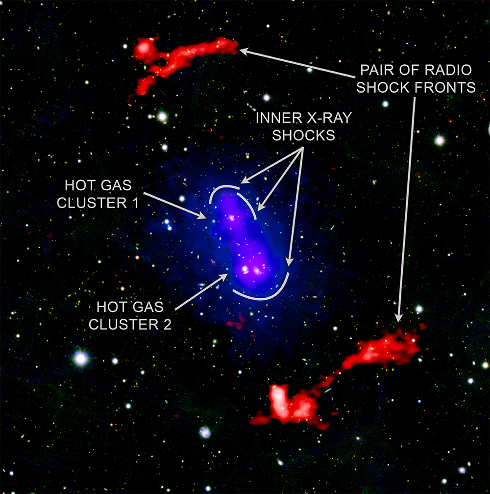 A galaxy cluster surrounded by radio shock fronts.