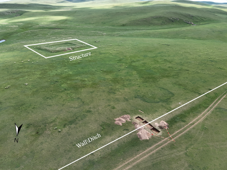 Location of a significant structure and the wall-trench line on Mongolian landscape.
